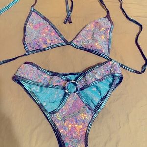 Rave fix jade blue exotic stripper dance wear outfit sequin mermaid set small